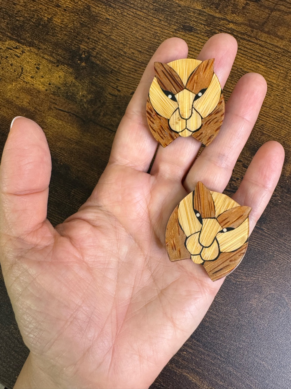 Lee Sands Wood Lion Cat Face Earrings - Brown Mosaic Lucite Stud Posts